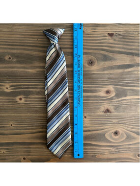 Bergamo New York Boys Brown Blue Beige Striped Clip-On Tie Handmade Pre-Tied 15